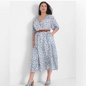 Lane Bryant Puff-Sleeve Tuck-Detail Midi Dress in Blue Floral Size 22